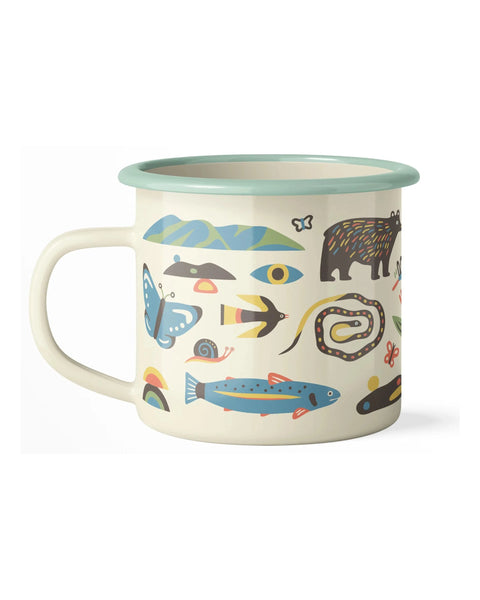 Mountain Stream Enamel Mug 16oz with nature-inspired design, perfect for camping and home use. Lightweight, fire-safe, and durable.