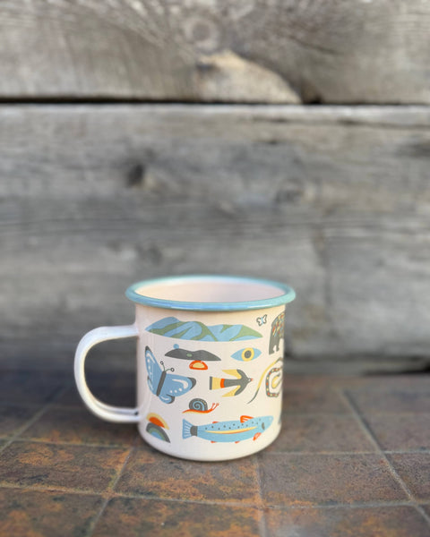 Mountain Stream Enamel Mug 16oz with colorful nature illustrations on enamel-coated carbon steel surface.