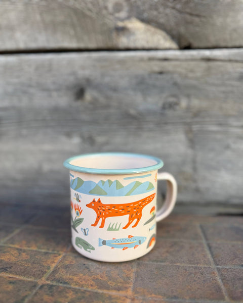 Mountain Stream Enamel Mug 16oz featuring colorful mountain and wildlife designs.