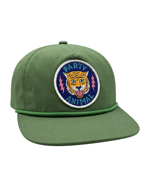 Green Party Animal Kids Hat with tiger patch for adventurous activities.