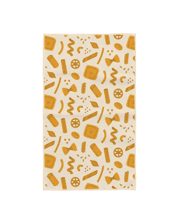 Pasta Time kitchen tea towel with orange illustrated pasta shapes including farfalle, rigatoni, and wheels on cream