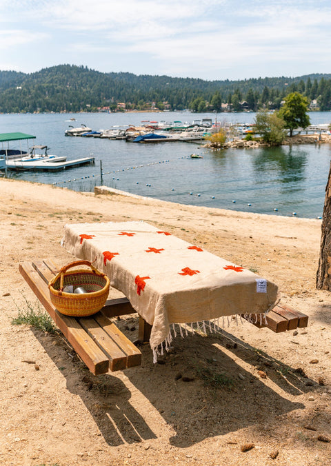 Trek Light Positive Vibrations Blanket on picnic bench by lake, showcasing sustainable, handwoven design with basket.