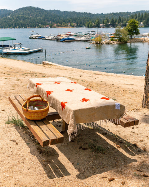 Trek Light Positive Vibrations Blanket on picnic bench by lake, showcasing sustainable, handwoven design with basket.