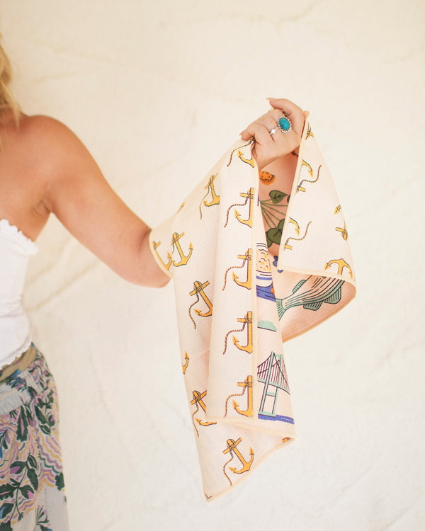 Rhode Island Kitchen & Tea Towel with vibrant anchor design, perfect for drying dishes and handling spills.