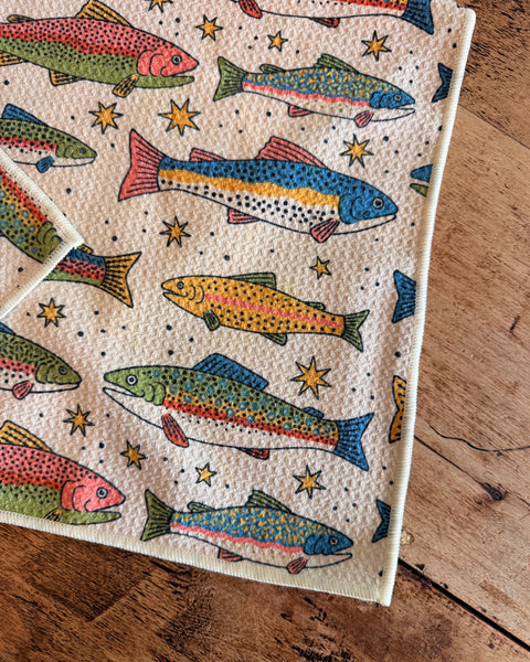 River Trout Kitchen & Tea Towel featuring colorful trout designs on a textured fabric, perfect for fishing enthusiasts.
