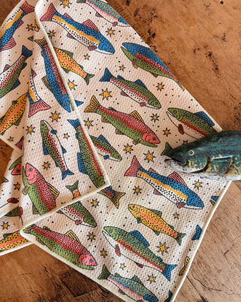 River Trout Kitchen & Tea Towel featuring colorful trout design on a textured surface, perfect for fishing enthusiasts.