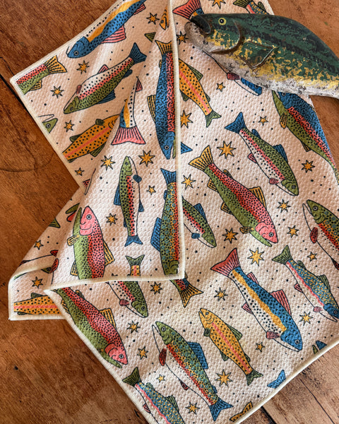 River Trout Kitchen & Tea Towel featuring colorful trout design on microfiber material.