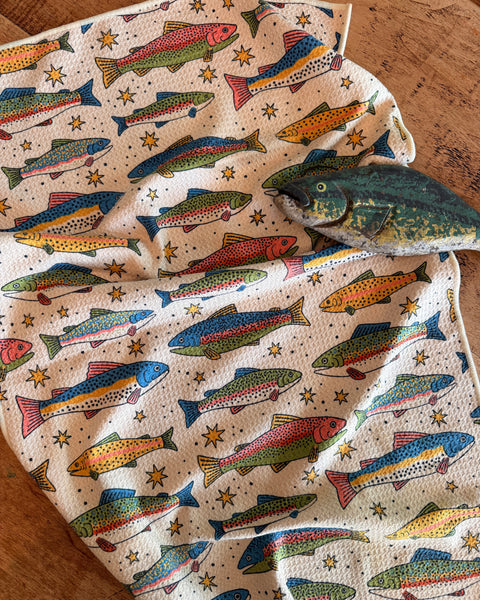 River Trout Kitchen & Tea Towel featuring colorful fish designs on a microfiber towel.