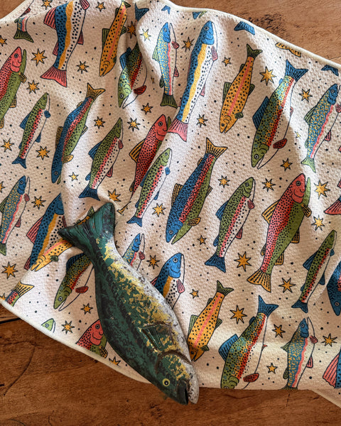 River Trout Kitchen & Tea Towel featuring colorful trout designs on a textured background.