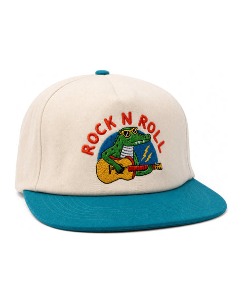 Rock N Roll Kids Hat featuring a vibrant crocodile playing guitar, perfect for fun adventures and sunny days.