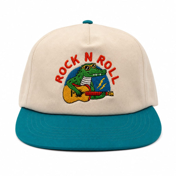 Rock N Roll Kids Hat featuring a fun alligator playing guitar for kids' adventures.