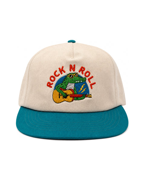Rock N Roll Kids Hat featuring a fun alligator playing guitar for kids' adventures.