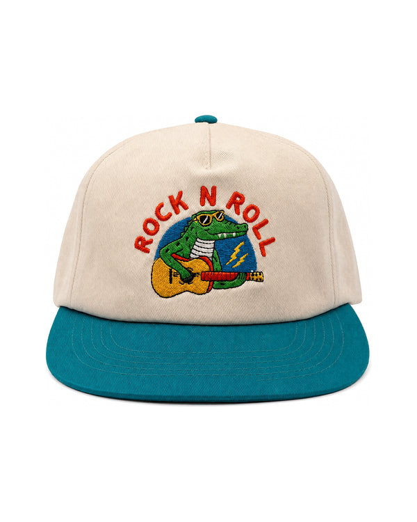 Rock N Roll Kids Hat featuring a fun alligator playing guitar for kids' adventures.