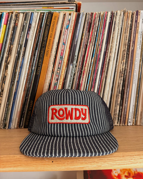 Rowdy Hat resting on a shelf surrounded by vinyl records, showcasing its striped design and bold lettering.