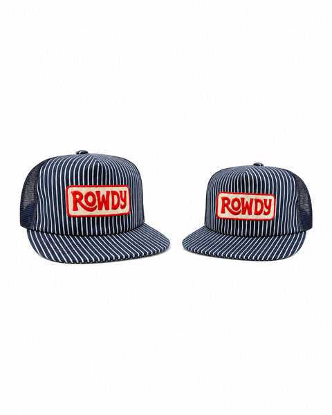Two navy blue and white pinstriped (train style) Trek Light hats with a red and white 'ROWDY' patch on the front, shown against a plain white background.