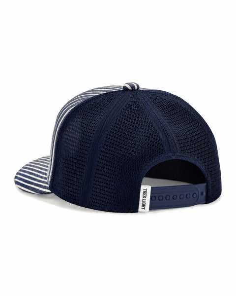 Rowdy Hat seen from behind, a navy mesh snapback with striped navy and white front panels and brim, on white.