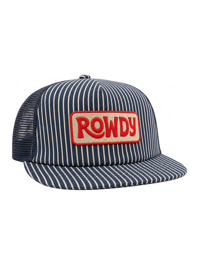 Rowdy Kids Hat with striped design and red logo, perfect for sunny days and adventures.