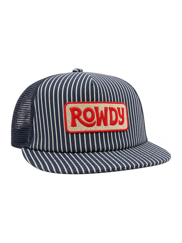 Rowdy Kids Hat with striped design and red logo, perfect for sunny days and adventures.