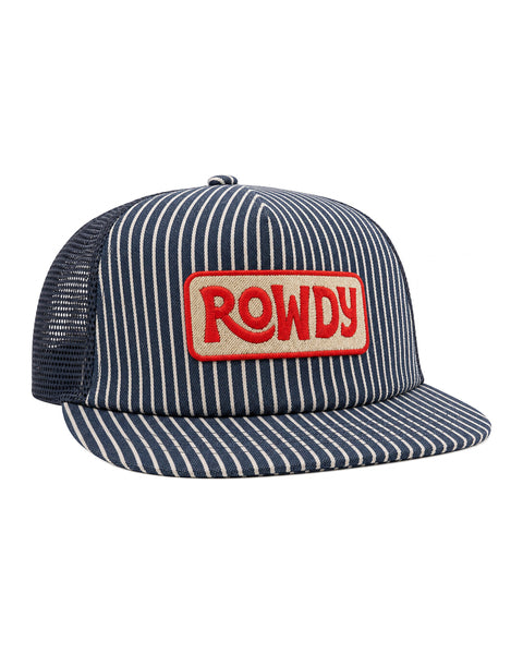 Rowdy Kids Hat with striped design and red logo, perfect for sunny days and adventures.
