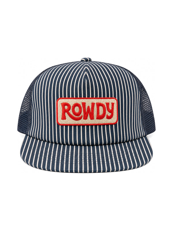 Rowdy Kids Hat featuring a striped design and a bold red logo, perfect for adventures and sunny days.
