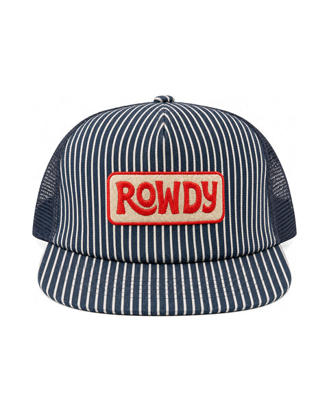 Rowdy Kids Hat featuring a striped design and a bold red logo, perfect for adventures and sunny days.