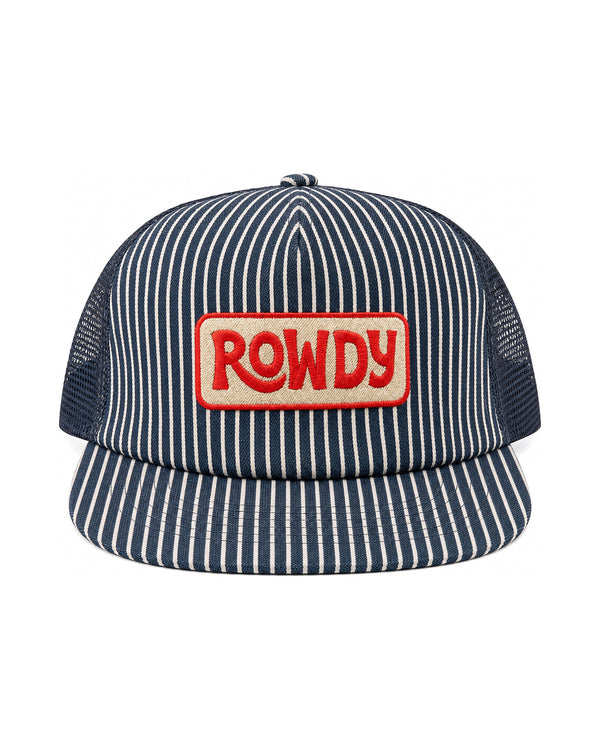 Rowdy Kids Hat featuring a striped design and a bold red logo, perfect for adventures and sunny days.