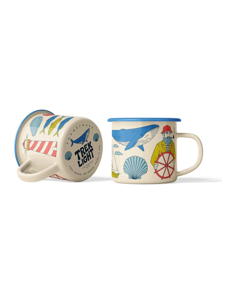 Salty Seas Enamel Mug 16oz with nautical designs, featuring whales, seashells, and a sailor. Perfect for cozy mornings and camping trips.