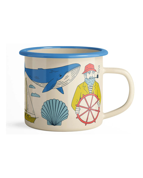 Salty Seas Enamel Mug 16oz with nautical design, featuring ship, whale, sailor, and seashell graphics. Camp-style, vintage flair.