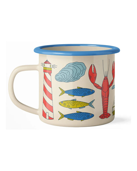 Salty Seas Enamel Mug 16oz with nautical design including lighthouse, fish, and lobster, perfect for campfires and cozy mornings.