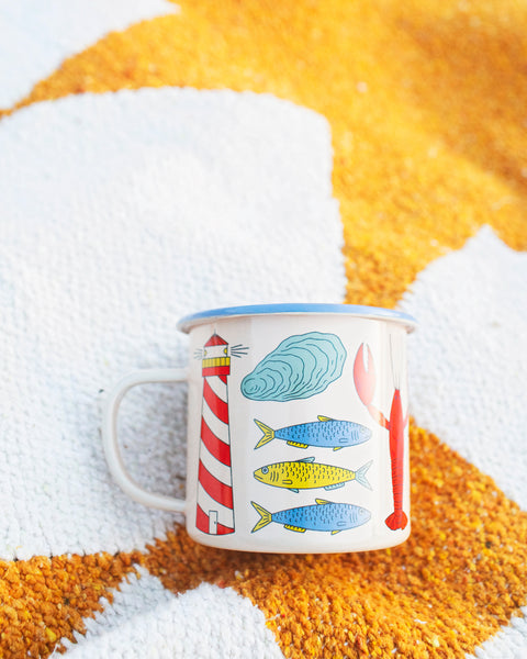Salty Seas Enamel Mug 16oz with nautical design on colorful background