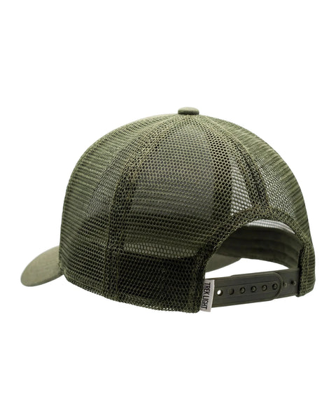 Back view of Silly Goose Kids Hat showcasing adjustable fit and comfortable design in olive green mesh, perfect for sunny adventures.
