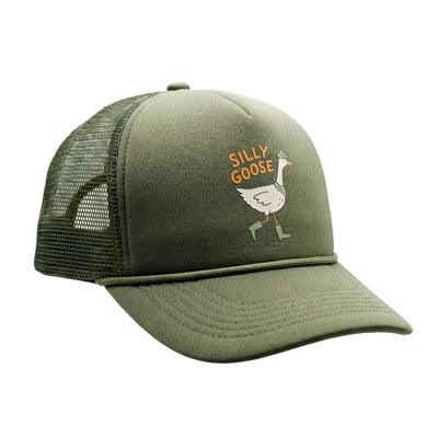 Green Silly Goose Kids Hat with a playful goose print, perfect for sunny adventures and growing kids, features an adjustable fit for comfort.