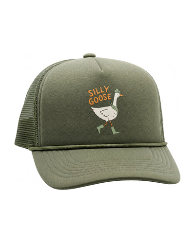 Green Silly Goose Kids Hat with a playful goose print, perfect for sunny adventures and growing kids, features an adjustable fit for comfort.