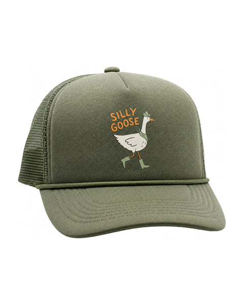 Green Silly Goose Kids Hat with a playful goose print, perfect for sunny adventures and growing kids, features an adjustable fit for comfort.