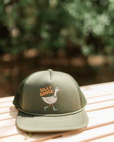 Silly Goose Kids Hat with a cute goose design in green, perfect for little ones' adventures and sunny days.