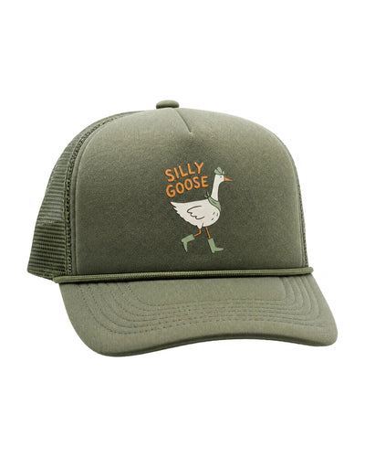 Silly Goose Kids Hat in olive green foam and mesh with a walking goose in rain boots and orange text, on white.