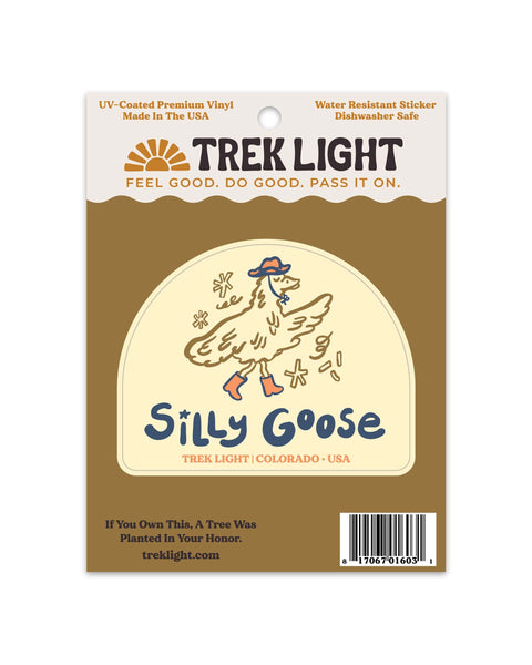 Silly Goose Sticker, a cream arch with a cartoon goose in a cowboy hat and orange boots, on a brown Trek Light card on white.