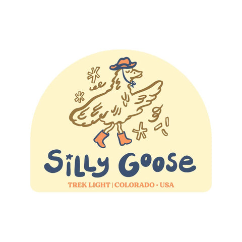 Silly Goose Sticker featuring a whimsical goose design, made in the USA with waterproof vinyl, ideal for outdoor gear and dishwasher safe.