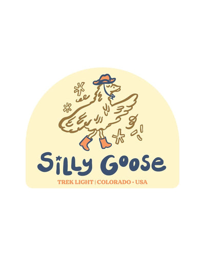 Silly Goose Sticker shows a cartoon goose in a blue and orange hat and orange boots on a cream arch, on white.
