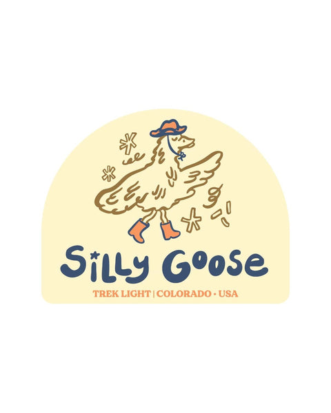 Silly Goose Sticker shows a cartoon goose in a blue and orange hat and orange boots on a cream arch, on white.