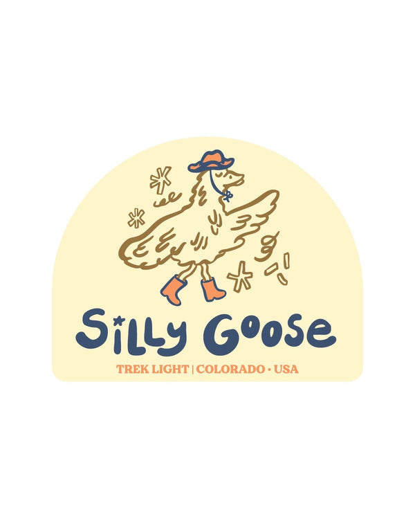 Silly Goose Sticker shows a cartoon goose in a blue and orange hat and orange boots on a cream arch, on white.
