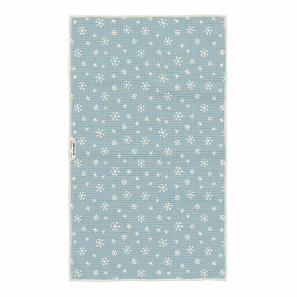Snow Day Kitchen & Tea Towel with blue snowflake pattern, eco-friendly and super absorbent, ideal for kitchen use and quick drying.