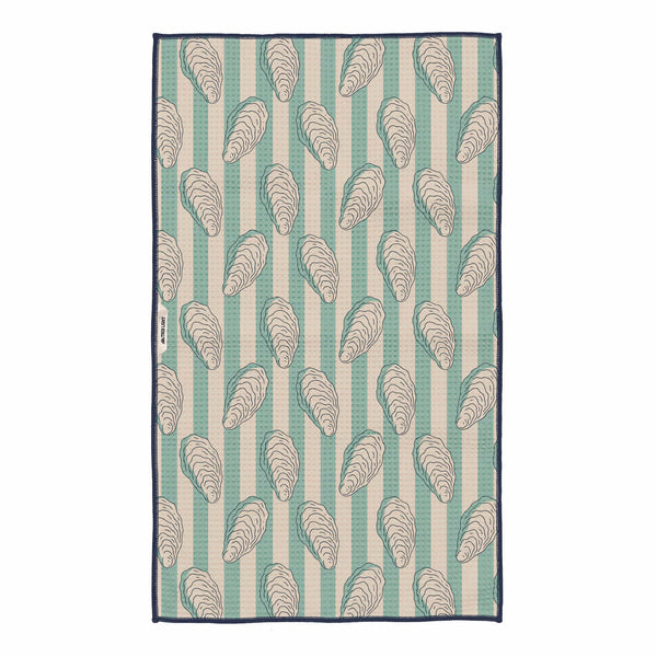 Snug Harbor Kitchen & Tea Towel with vibrant double-sided oyster shell pattern, eco-friendly and super absorbent.