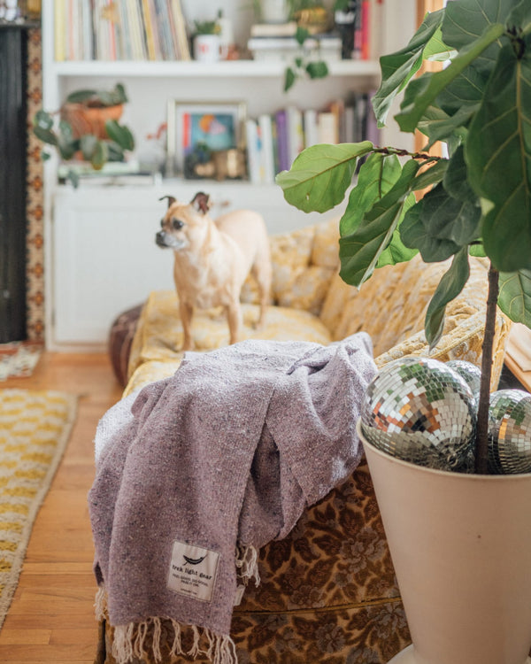 Cozy lavender Sonoma Blanket on a sofa, handwoven from recycled clothing materials, perfect for creating a beautiful, serene space. By Trek Light.