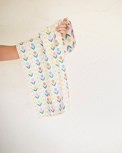 Spring Tulips Kitchen & Tea Towel displayed with colorful floral design for a bright kitchen.