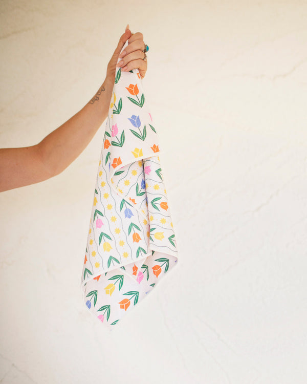 Spring Tulips Kitchen & Tea Towel featuring colorful tulip design, perfect for adding spring vibes to your kitchen.