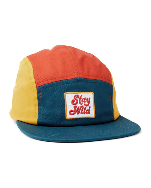 Colorful Stay Wild kids hat by Trek Light, featuring a vibrant 5-panel camper style perfect for adventurous young explorers.