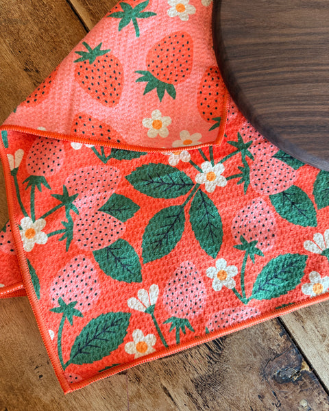 Strawberry Letter Kitchen & Tea Towel with vibrant strawberry design on eco-friendly fabric.