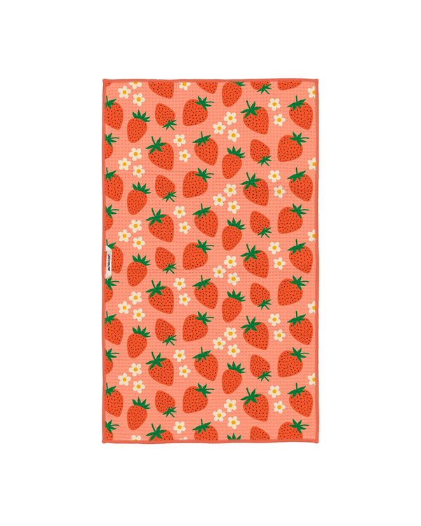 Strawberry Letter Kitchen Tea Towel featuring vibrant strawberries and floral pattern, perfect for kitchen decor and functionality.