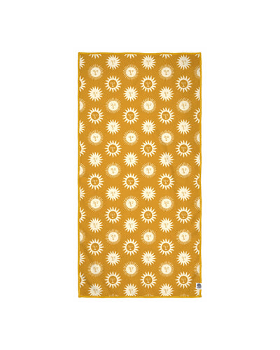 Sunny Wander & Travel Towel with sun pattern, sand-resistant and quick-dry, made from 100% recycled materials, eco-friendly design.